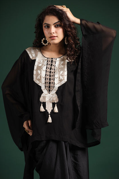 SummerFalling-Black Embellished Organza Silk Draped Skirt Set