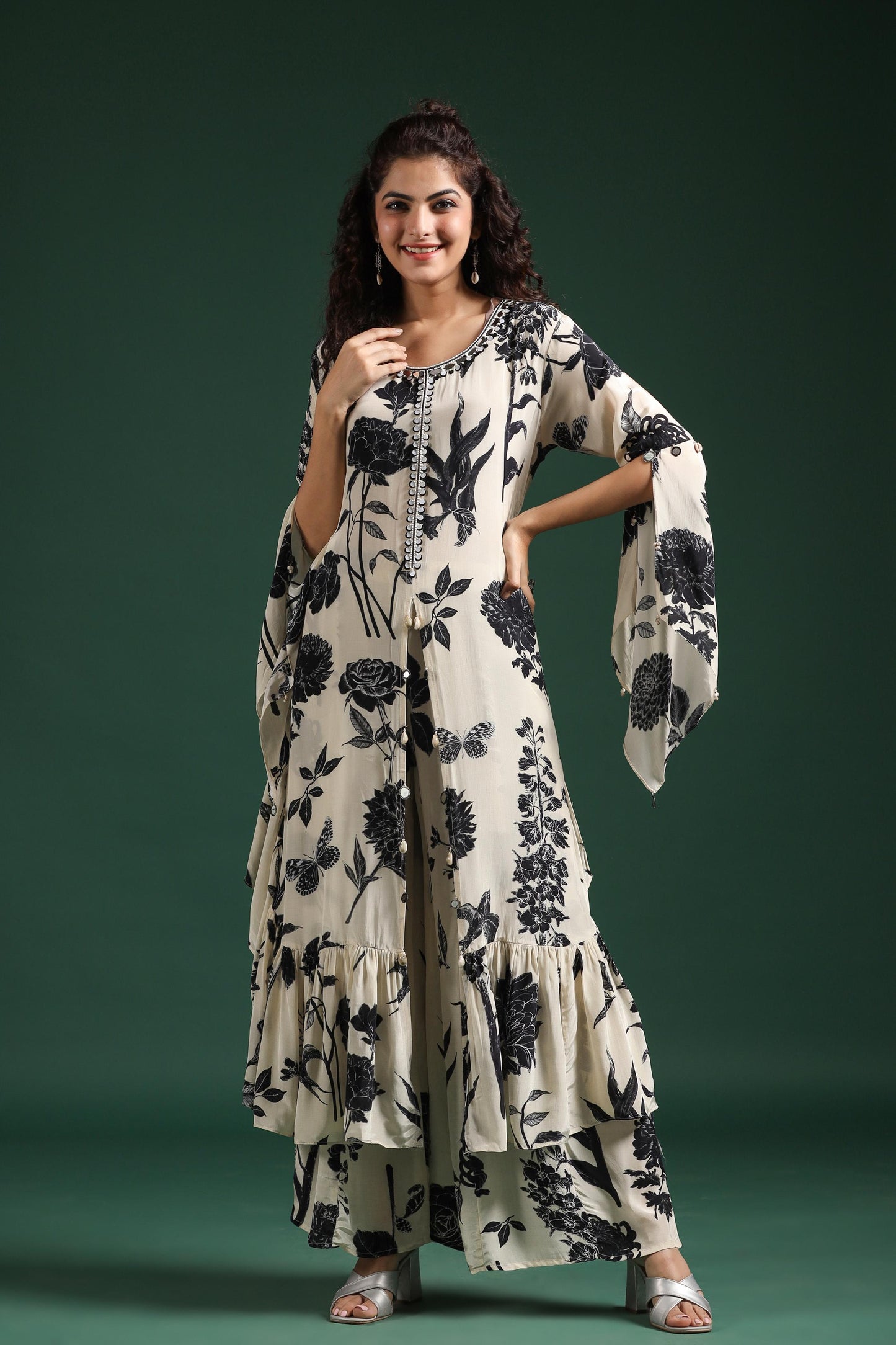 SummerFalling-Black & White Digital Printed Muslin Silk Palazzo Set