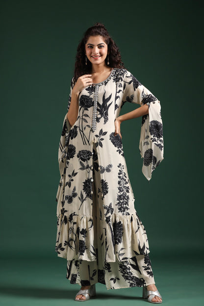 SummerFalling-Black & White Digital Printed Muslin Silk Palazzo Set