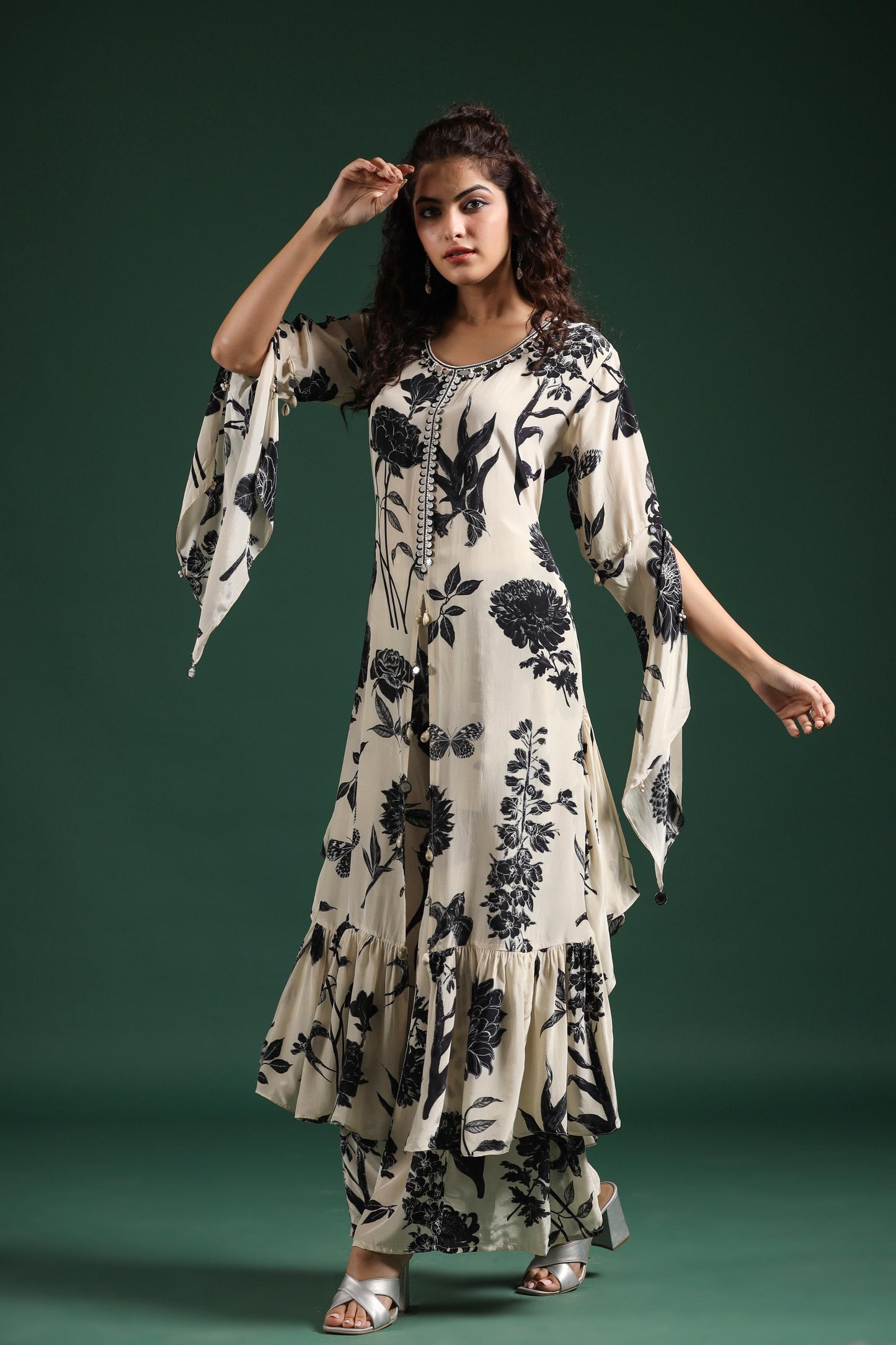 SummerFalling-Black & White Digital Printed Muslin Silk Palazzo Set
