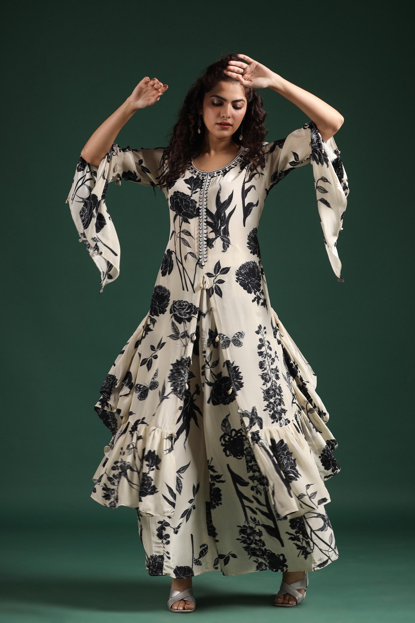SummerFalling-Black & White Digital Printed Muslin Silk Palazzo Set