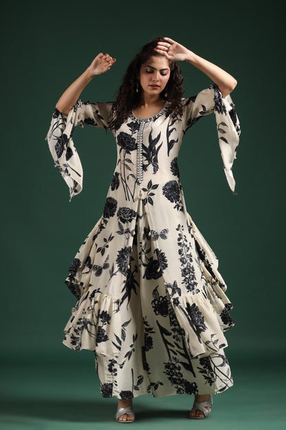 SummerFalling-Black & White Digital Printed Muslin Silk Palazzo Set