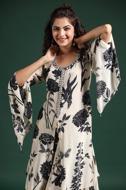 SummerFalling-Black & White Digital Printed Muslin Silk Palazzo Set
