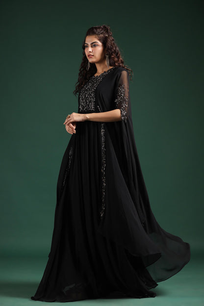 SummerFalling-Black Embellished Crystal Georgette Silk Cape Gown