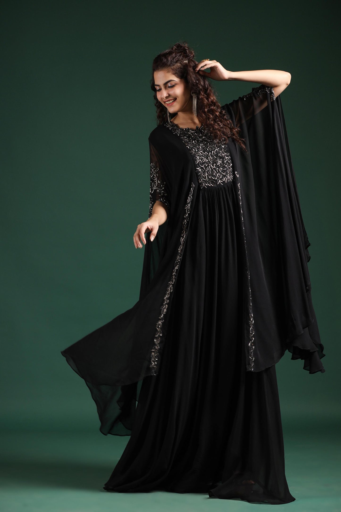 SummerFalling-Black Embellished Crystal Georgette Silk Cape Gown