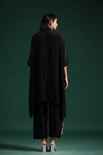SummerFalling-Black Embroidered Habutai Silk Co-Ord Set