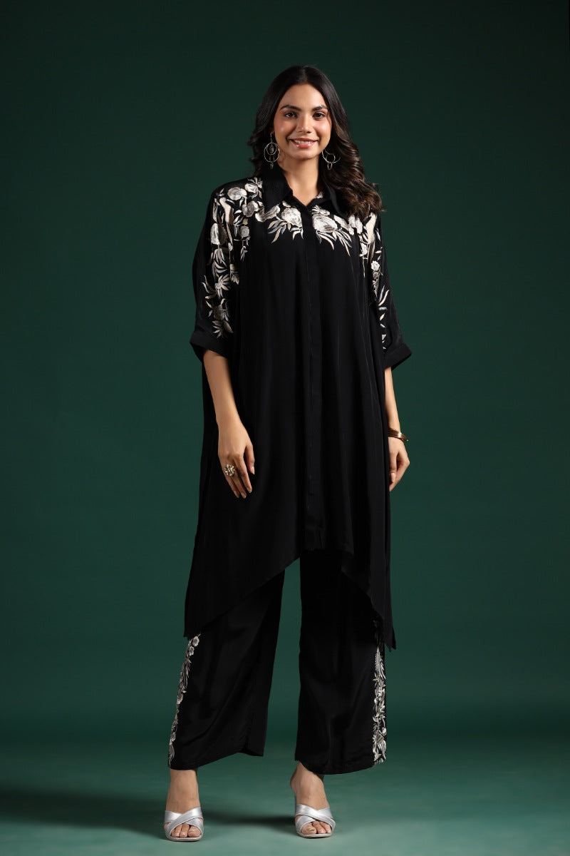 SummerFalling-Black Embroidered Habutai Silk Co-Ord Set
