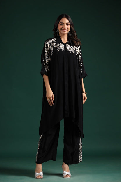SummerFalling-Black Embroidered Habutai Silk Co-Ord Set