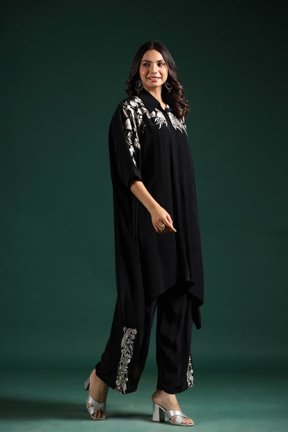 SummerFalling-Black Embroidered Habutai Silk Co-Ord Set