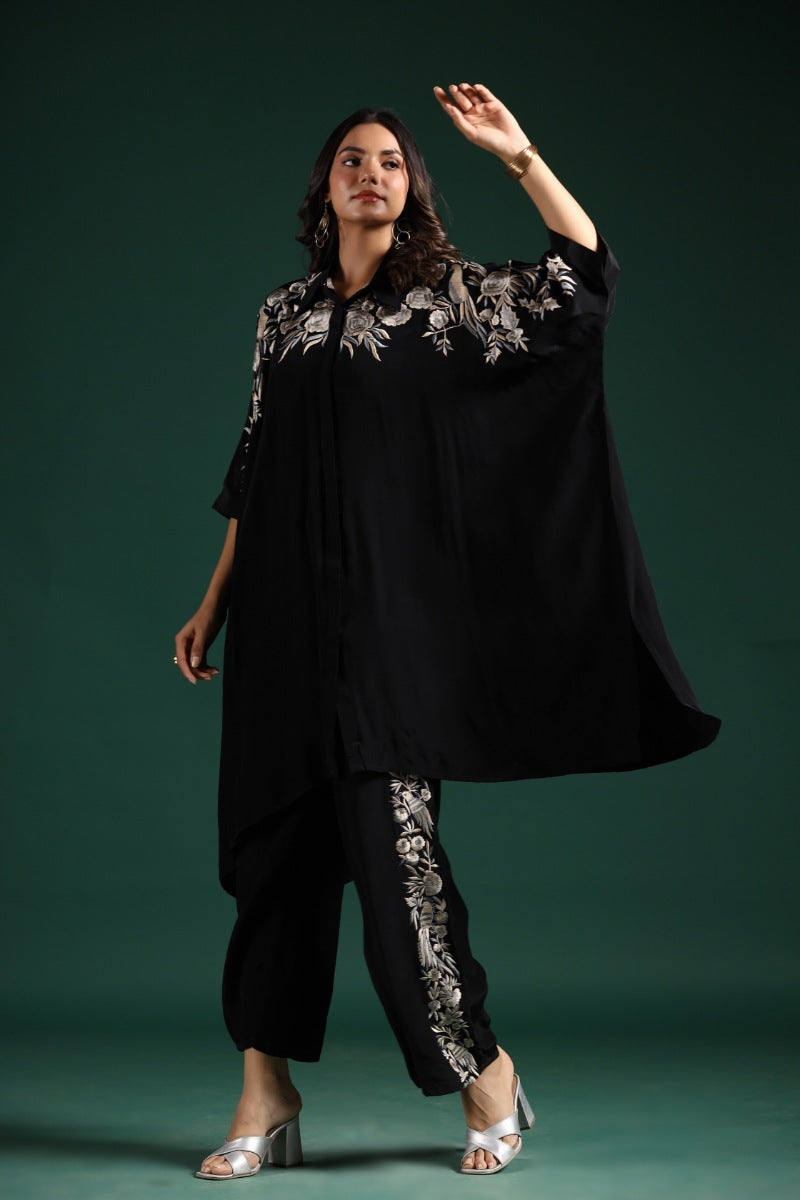 SummerFalling-Black Embroidered Habutai Silk Co-Ord Set