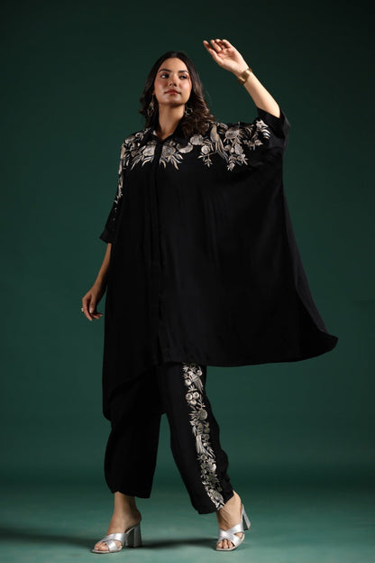 SummerFalling-Black Embroidered Habutai Silk Co-Ord Set