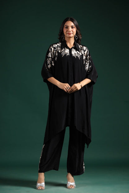 SummerFalling-Black Embroidered Habutai Silk Co-Ord Set