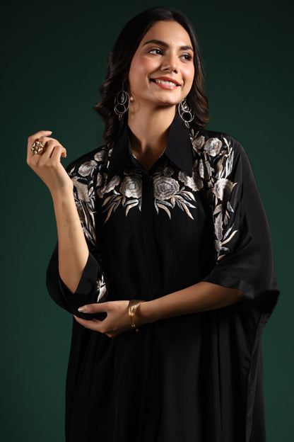 SummerFalling-Black Embroidered Habutai Silk Co-Ord Set
