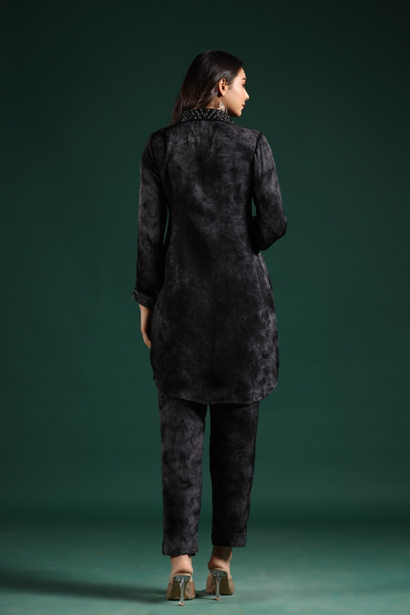 SummerFalling-Black Embellished Premium Habutai Silk Pants Set