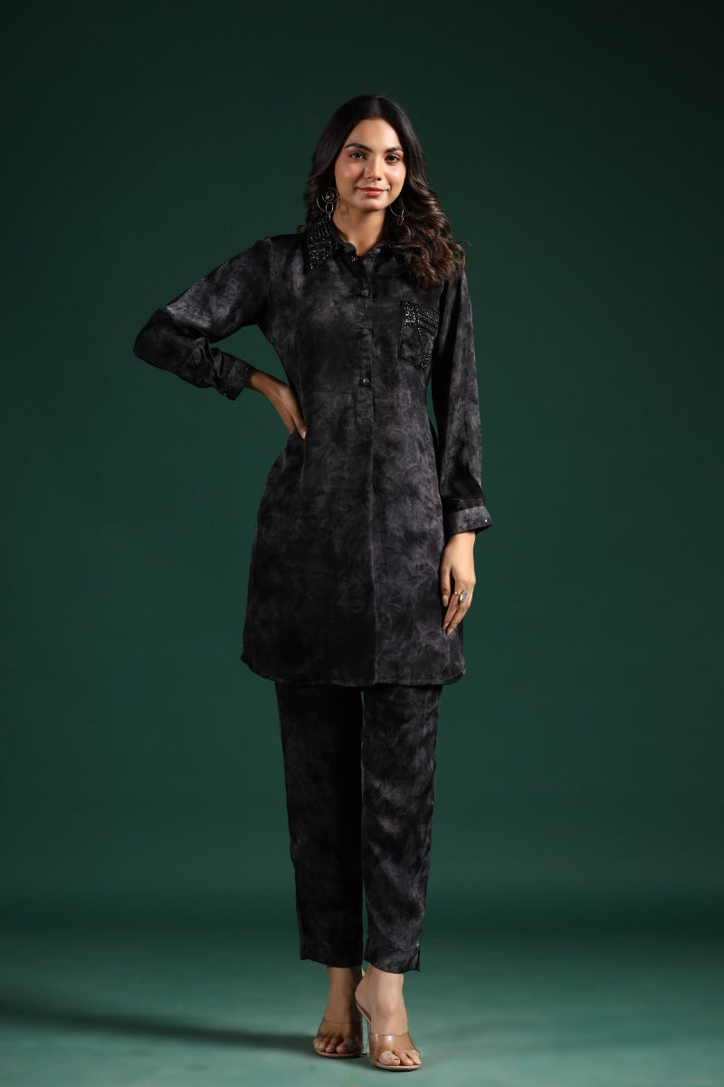 SummerFalling-Black Embellished Premium Habutai Silk Pants Set