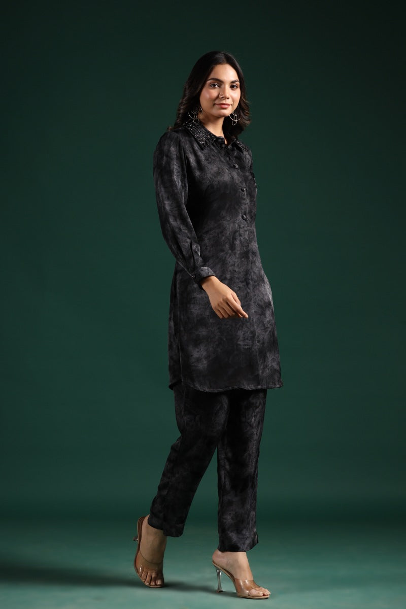 SummerFalling-Black Embellished Premium Habutai Silk Pants Set