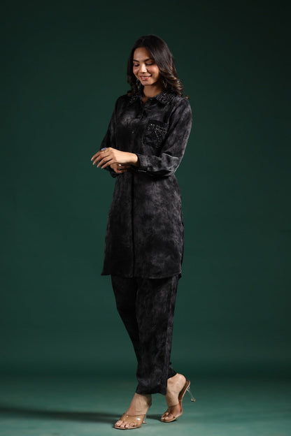 SummerFalling-Black Embellished Premium Habutai Silk Pants Set