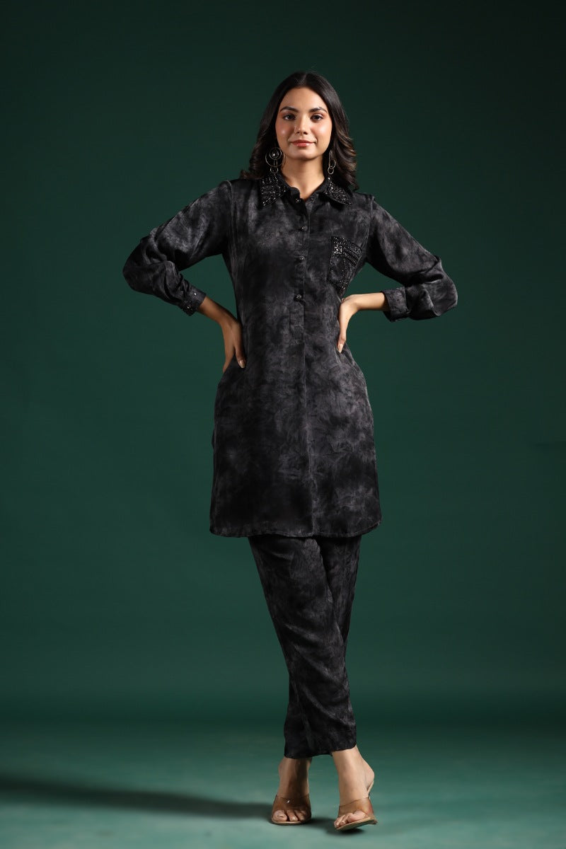 SummerFalling-Black Embellished Premium Habutai Silk Pants Set
