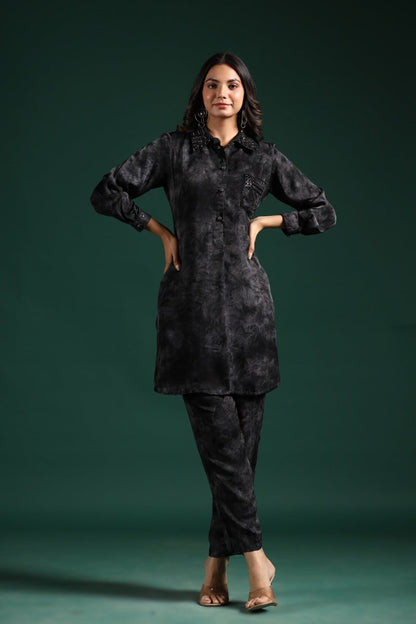 SummerFalling-Black Embellished Premium Habutai Silk Pants Set