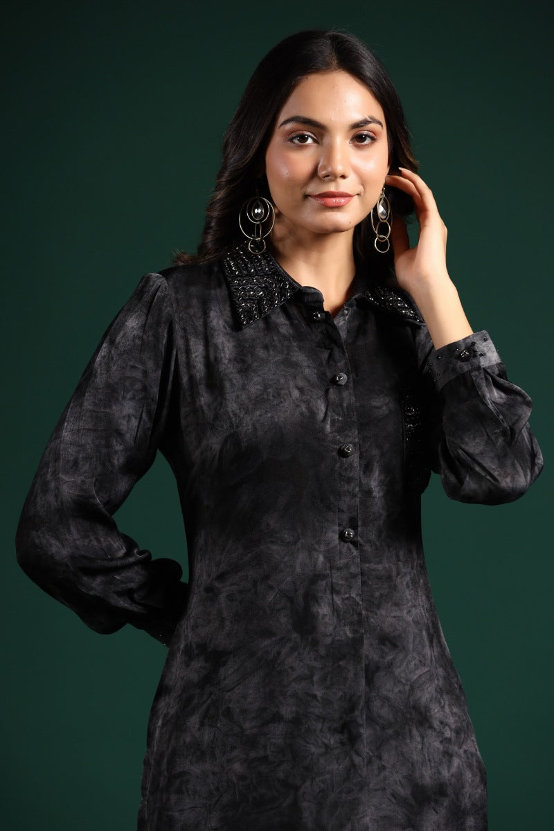 SummerFalling-Black Embellished Premium Habutai Silk Pants Set