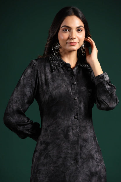 SummerFalling-Black Embellished Premium Habutai Silk Pants Set