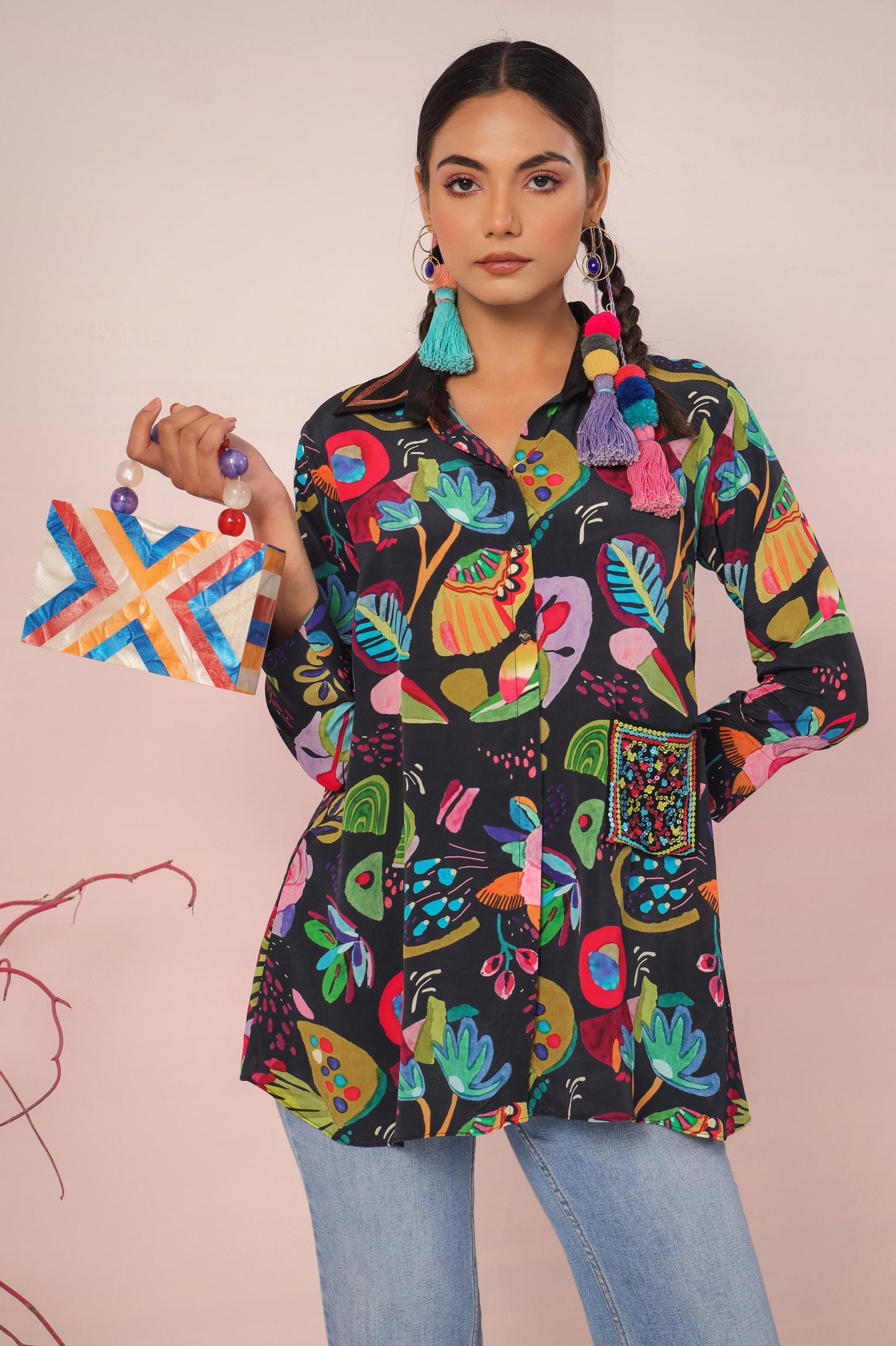 SummerFalling-Black Digital Printed Crepe Silk Short Top
