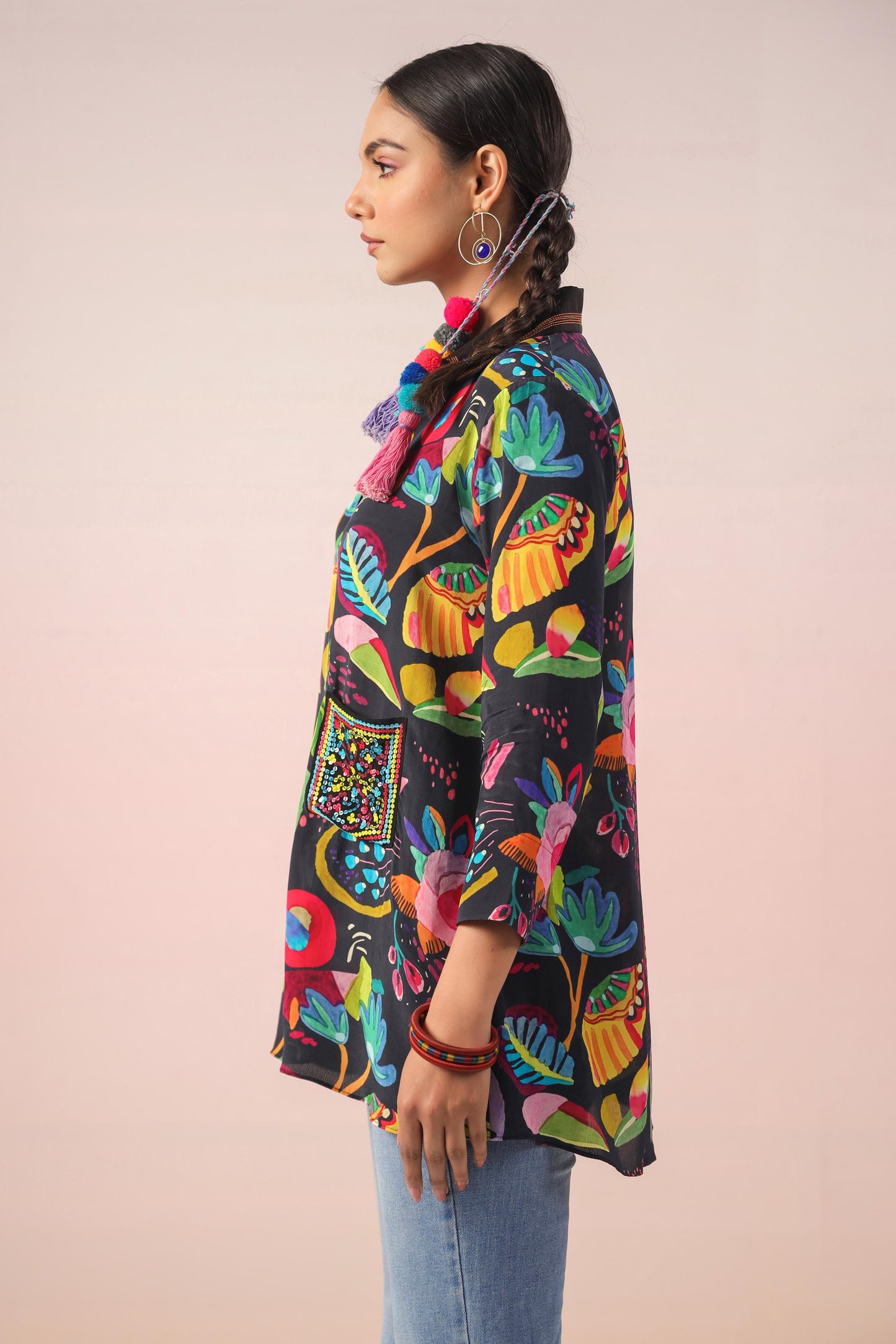 SummerFalling-Black Digital Printed Crepe Silk Short Top