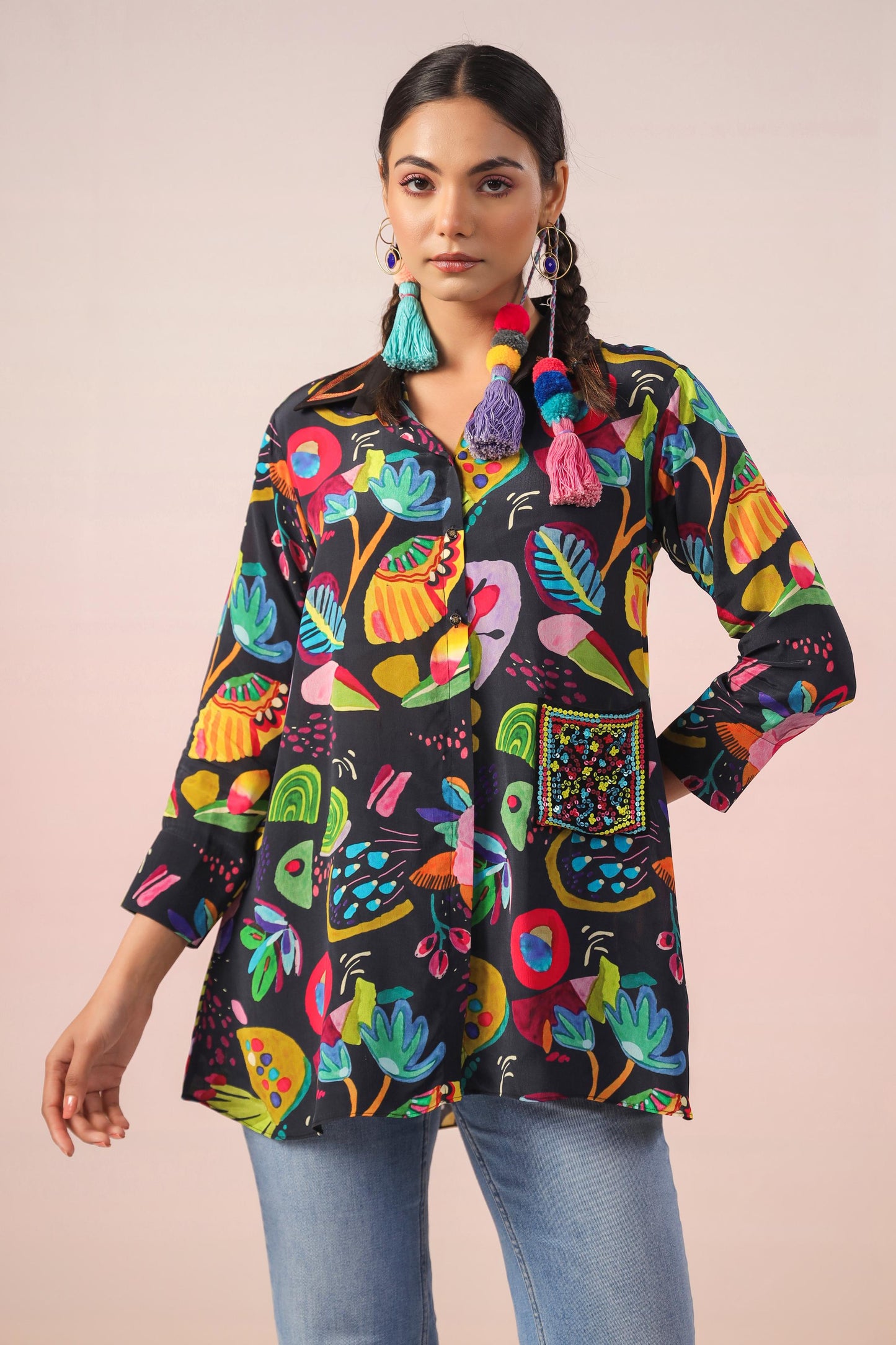 SummerFalling-Black Digital Printed Crepe Silk Short Top
