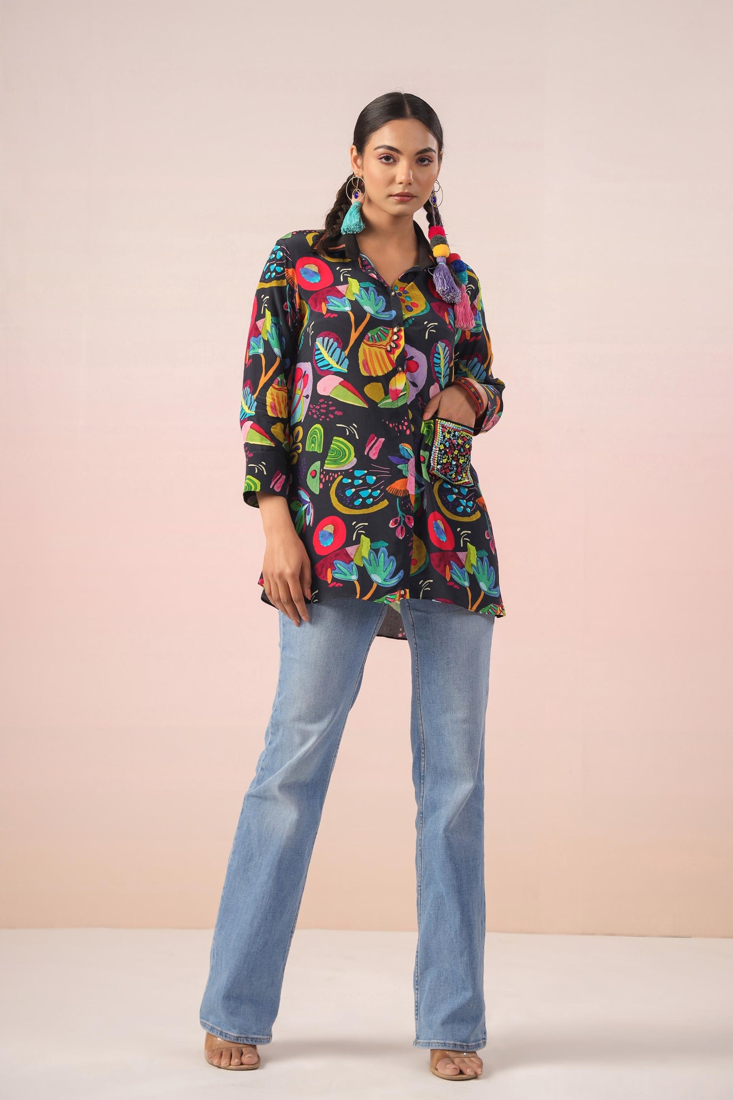 SummerFalling-Black Digital Printed Crepe Silk Short Top