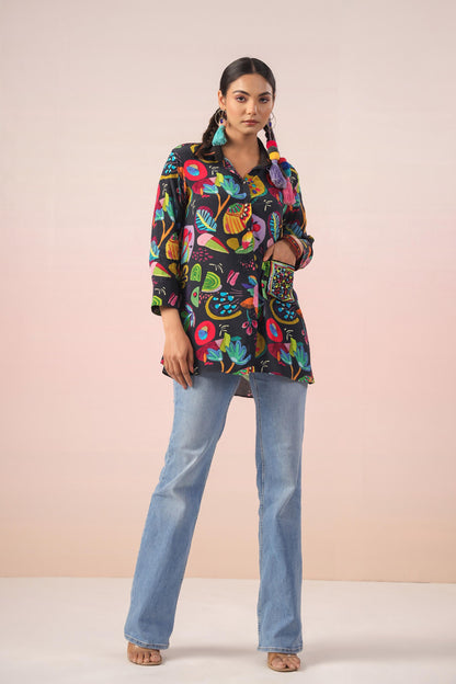 SummerFalling-Black Digital Printed Crepe Silk Short Top