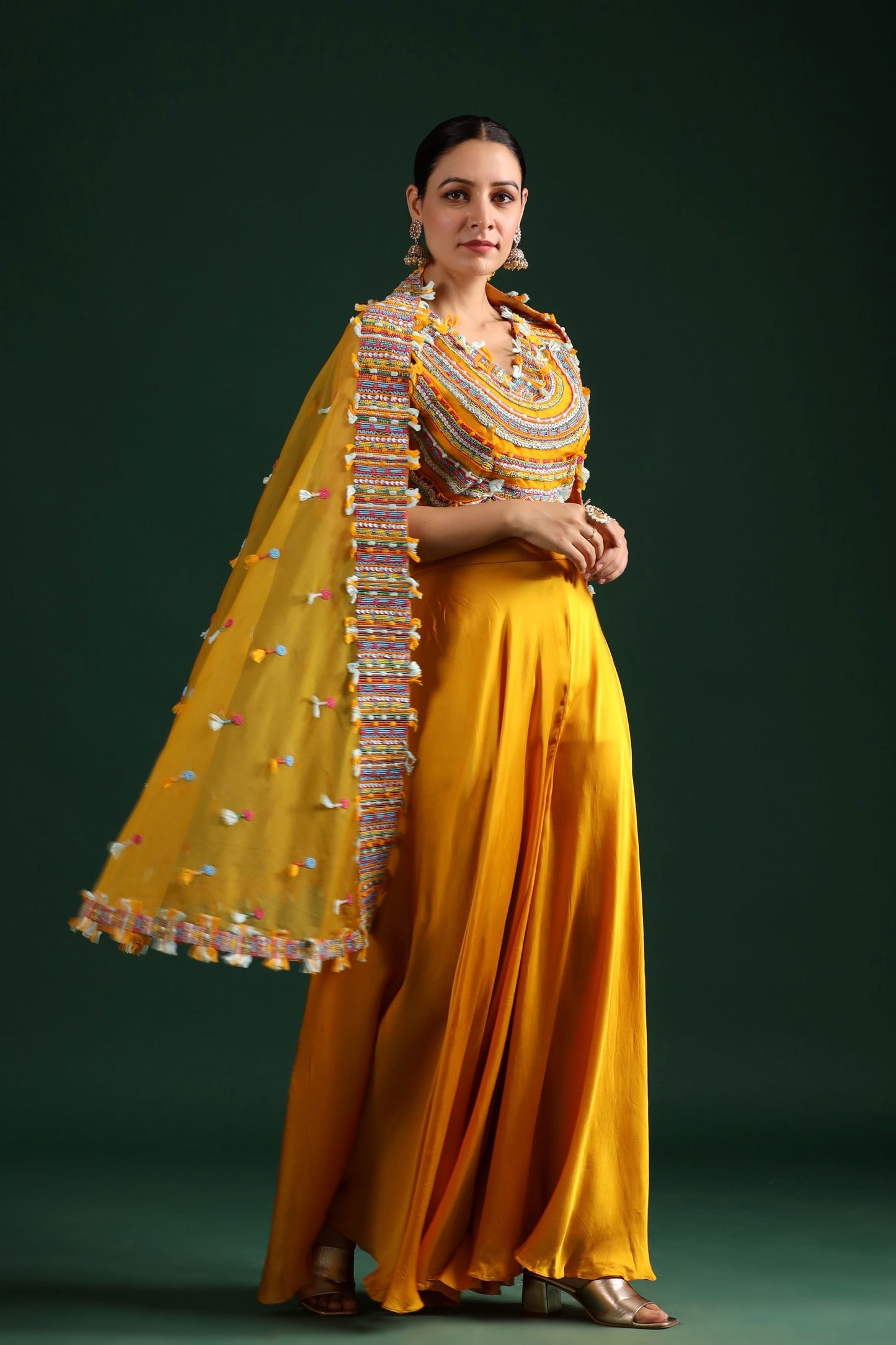 SummerFalling-Amber Yellow Embellished Cape Set