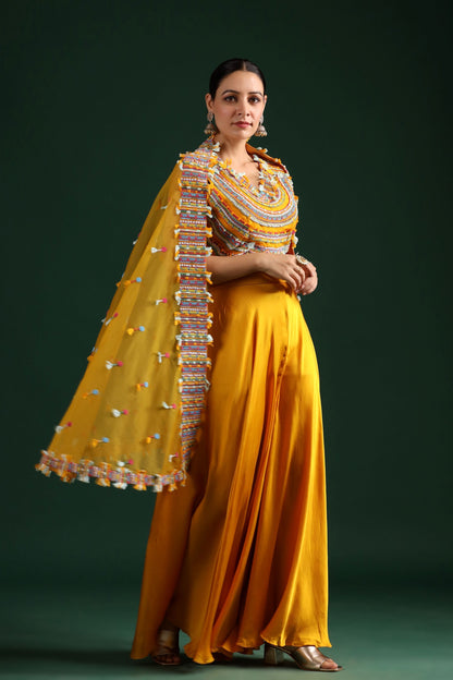 SummerFalling-Amber Yellow Embellished Cape Set