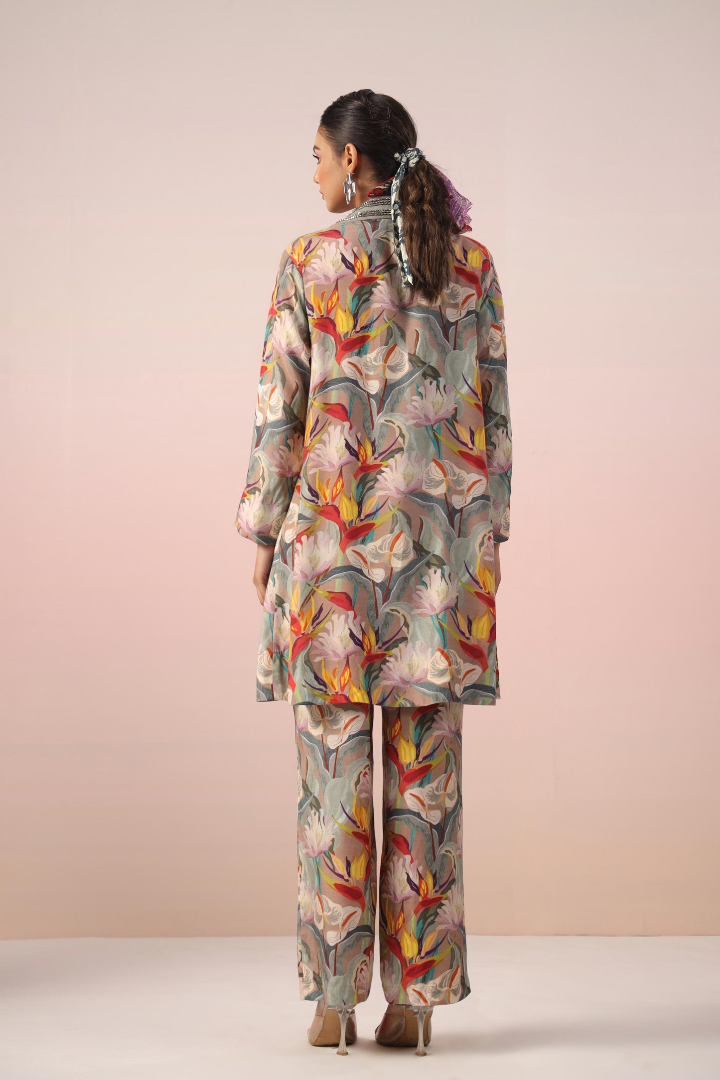 SummerFalling-Beige Floral Printed Tafetta Himalayan Silk Jacket Co-Ord Set