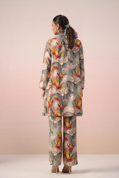 SummerFalling-Beige Floral Printed Tafetta Himalayan Silk Jacket Co-Ord Set