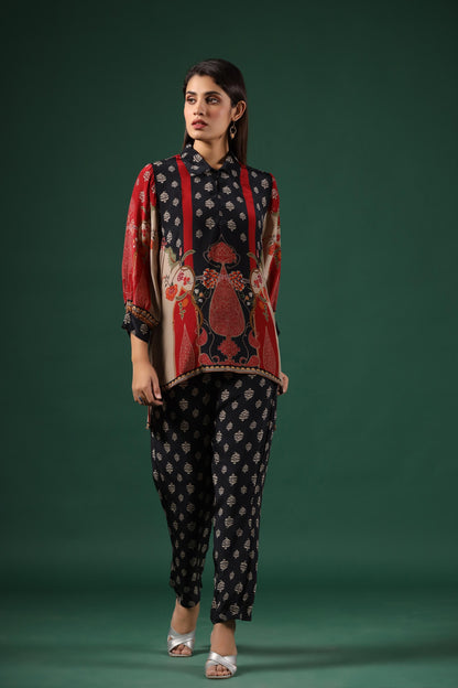 SummerFalling-Black Ajrakh Printed Crepe Silk Co-Ord Set