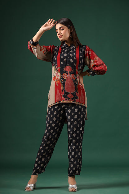 SummerFalling-Black Ajrakh Printed Crepe Silk Co-Ord Set