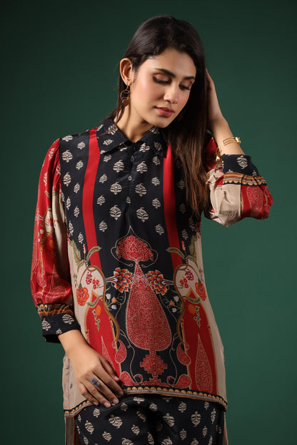 SummerFalling-Black Ajrakh Printed Crepe Silk Co-Ord Set