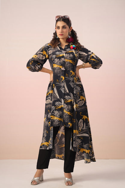SummerFalling-Black Animal Printed Crepe Silk Kurta & Pant Set