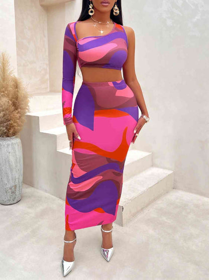 SummerFalling-Asymmetrical Cropped Top and Slit Skirt Set