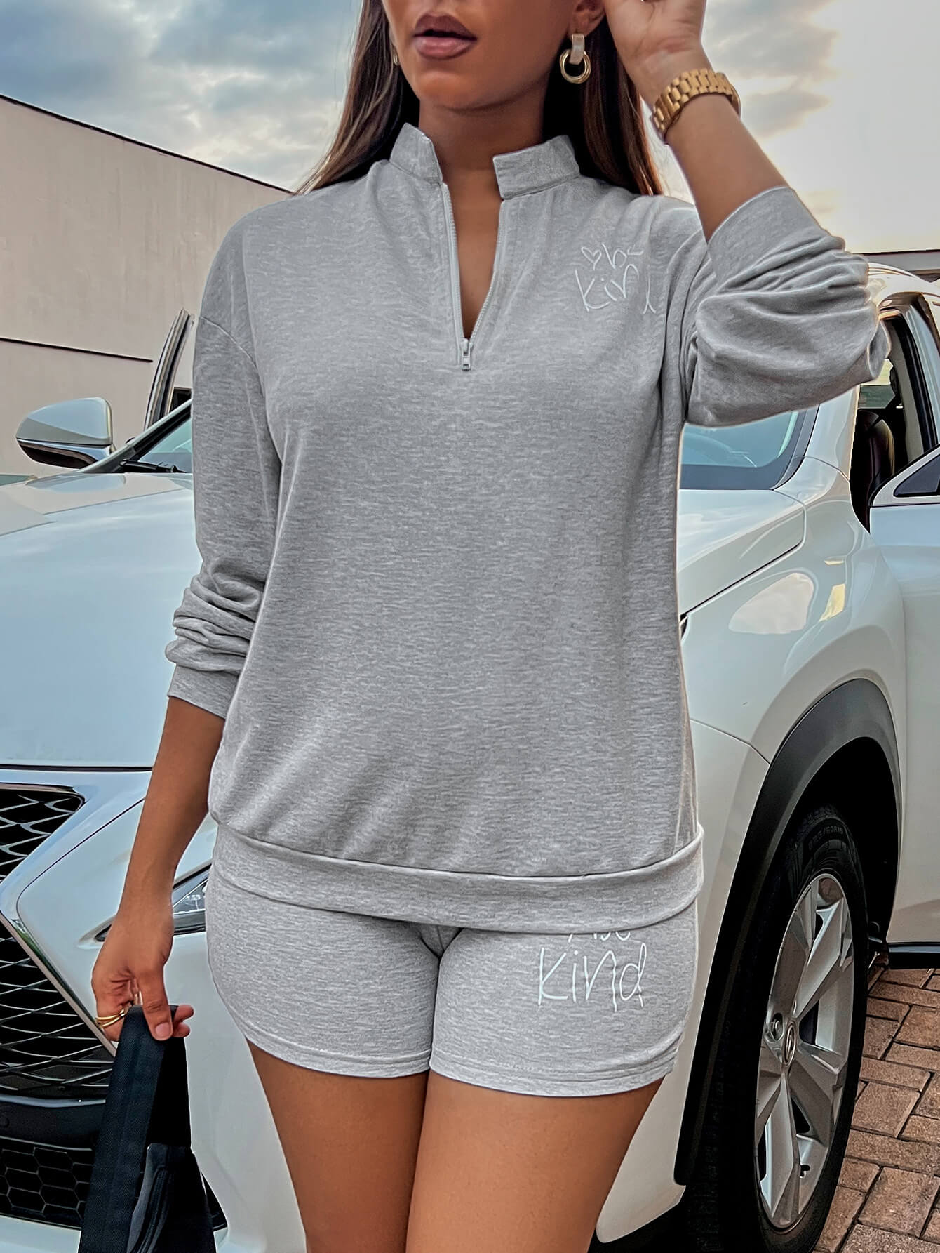 SummerFalling-BE KIND Graphic Quarter-Zip Sweatshirt and Shorts Set