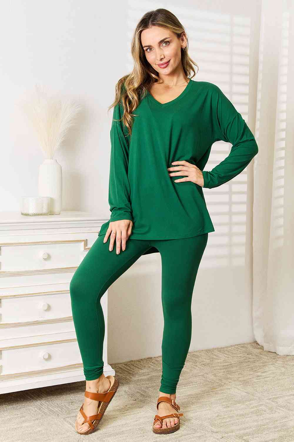 SummerFalling-Zenana Lazy Days Full Size Long Sleeve Top and Leggings Set
