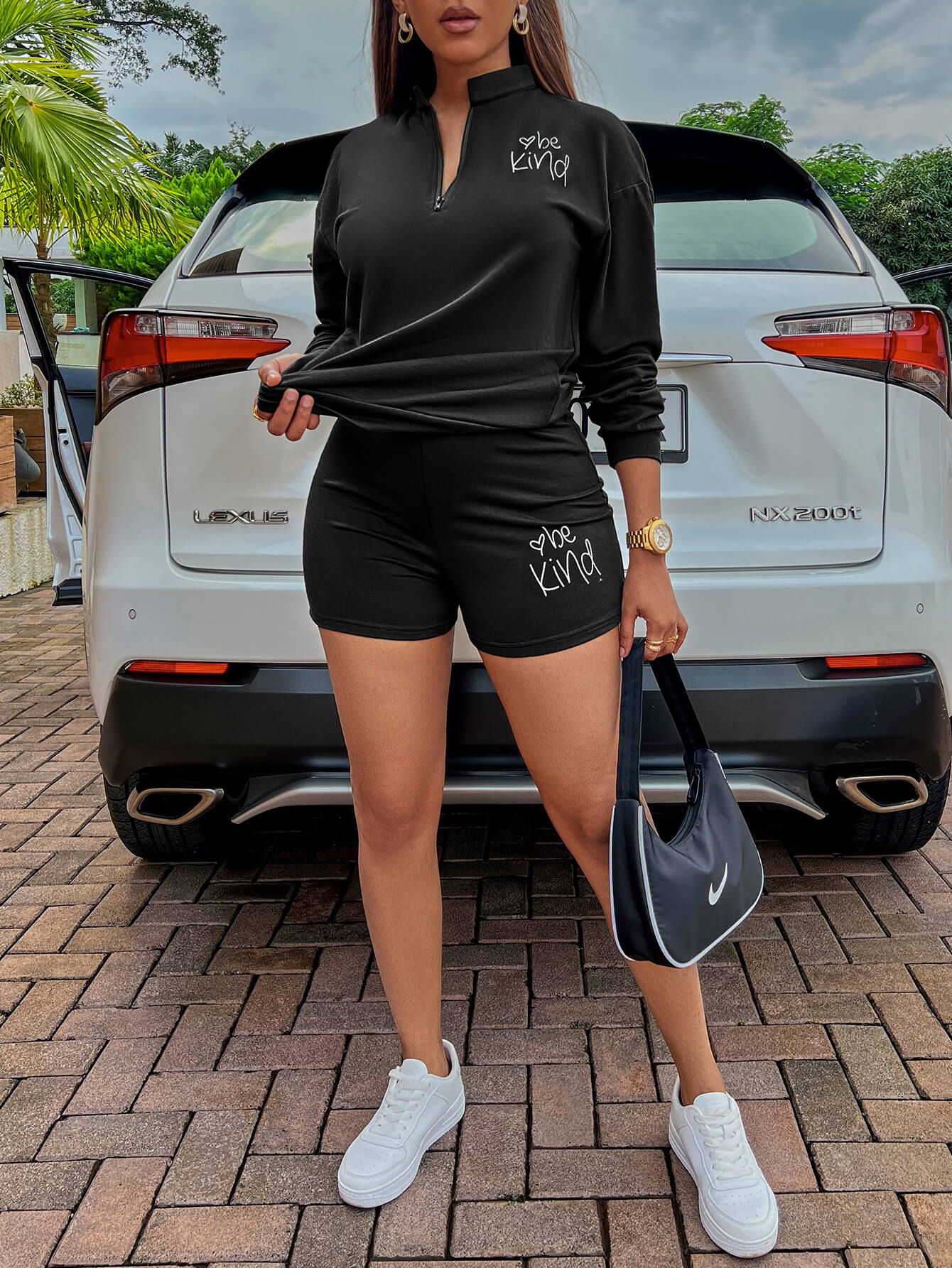 SummerFalling-BE KIND Graphic Quarter-Zip Sweatshirt and Shorts Set