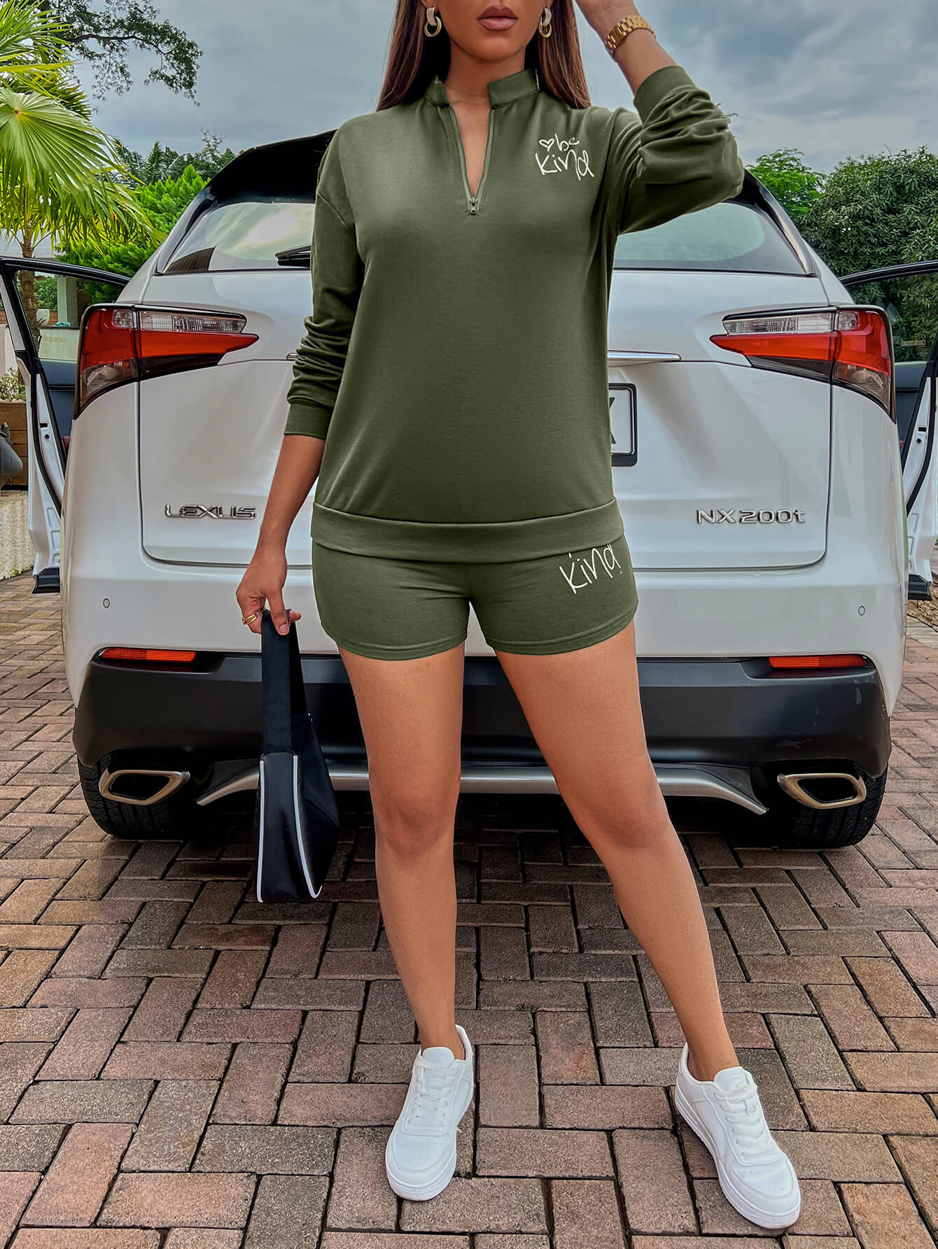 SummerFalling-BE KIND Graphic Quarter-Zip Sweatshirt and Shorts Set